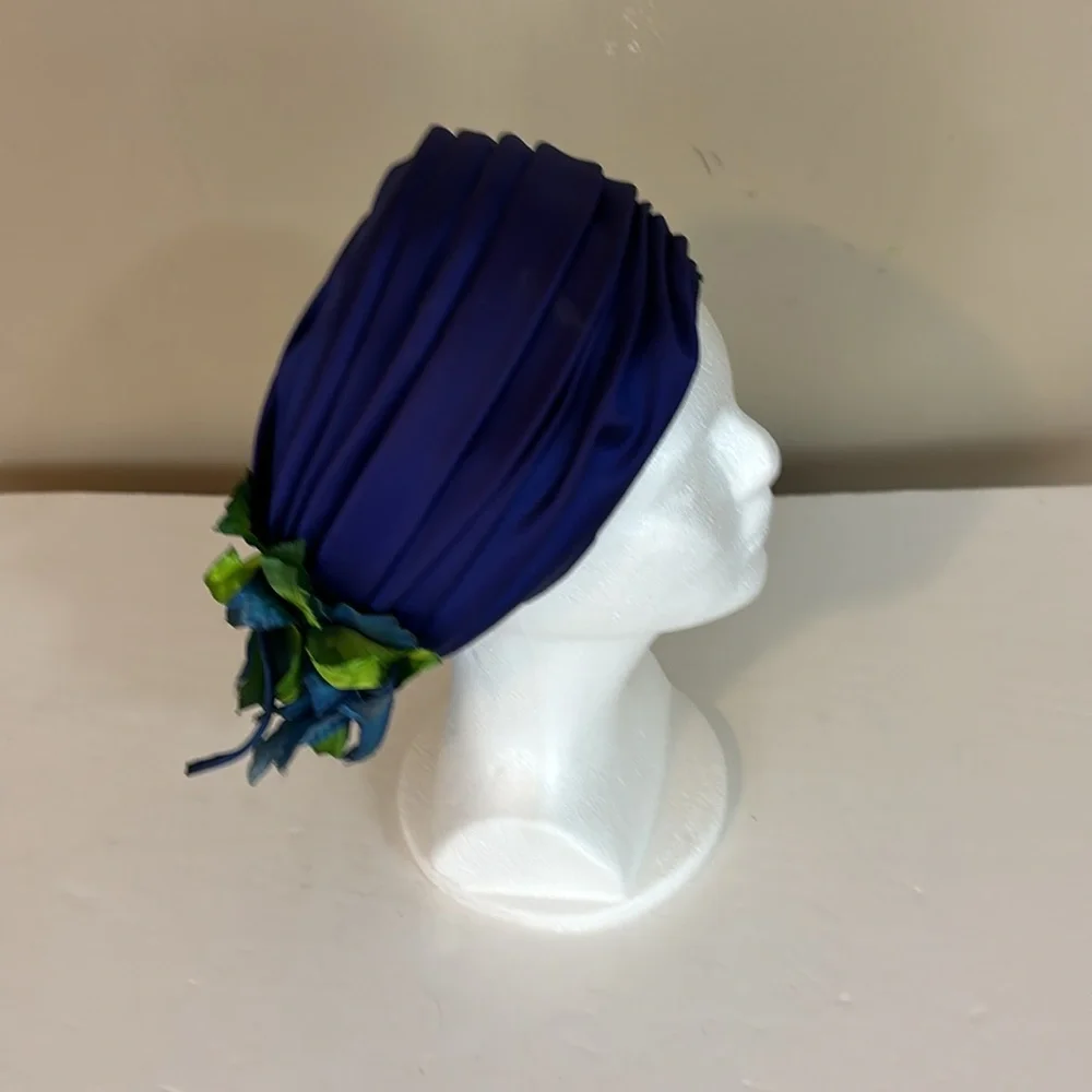 Vintage Royal Blue Satin Christine Original Hat with Leaves Accent